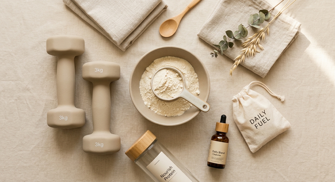 Halteres, whey e cápsulas em flat lay neutro