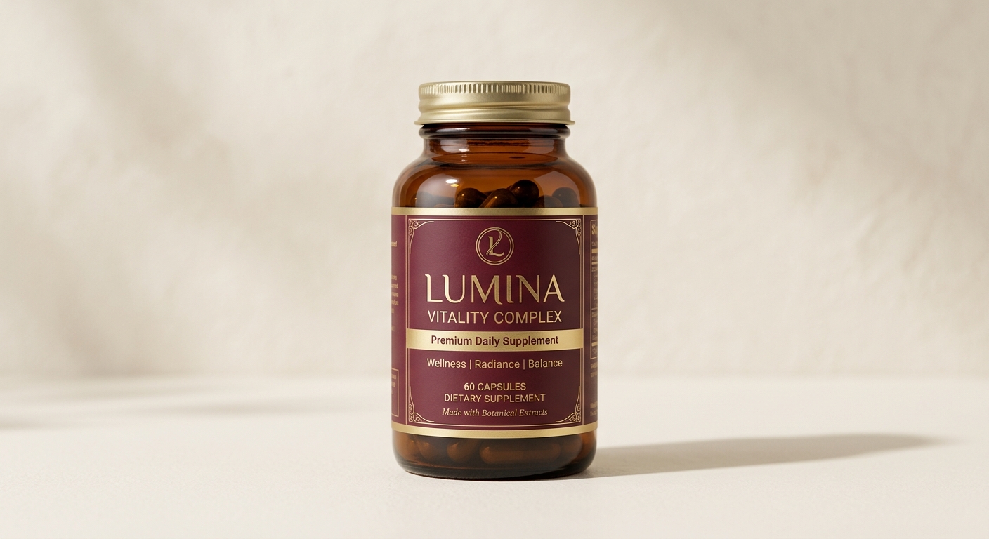 Frasco Lumina em vidro âmbar com etiqueta bordô e dourada
