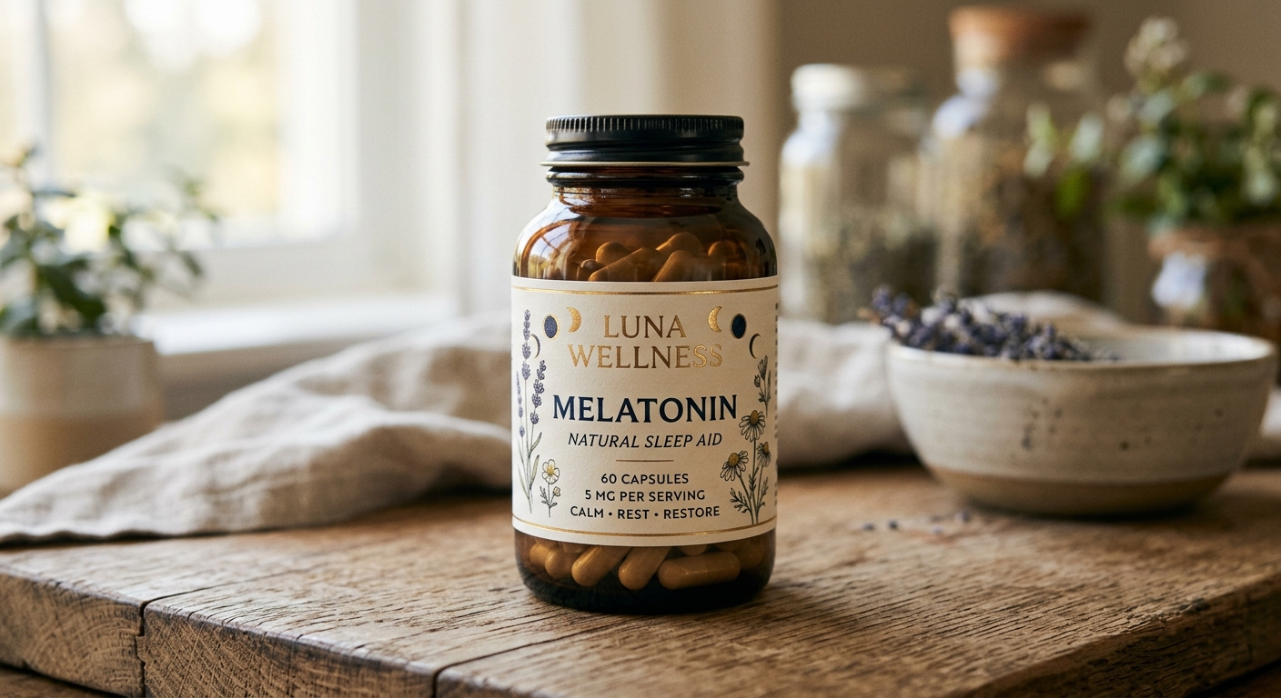 Frasco Luna Wellness Melatonina ao lado de lavandas